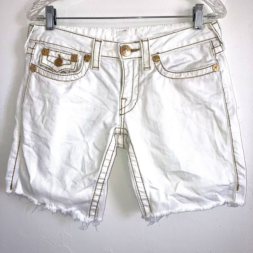 True Religion White Denim Frayed Hem Shorts with Gold Hardware